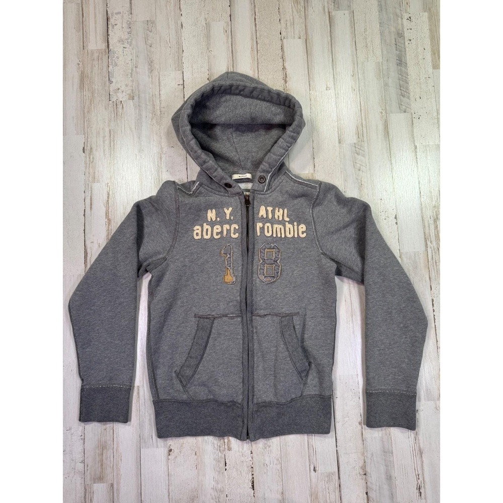 Vintage Abercrombie Hoodie Boys Medium Gray NY Athletic Muscle Y2K Distressed
